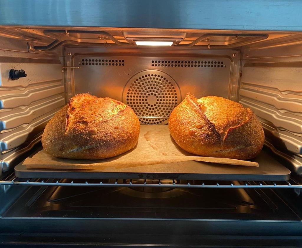 Sourdough loaves baking directly on a Steel Craft baking steel